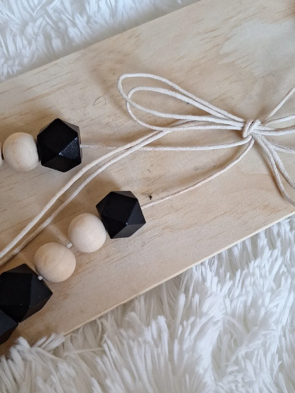 NIP Black and Natural Wood Beaded Hanging Shelf with Tassels, Set of 2
